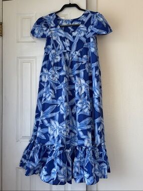 Vintage Royal Hawaiian Midi Dress Blue White Floral Muumuu Caftan L